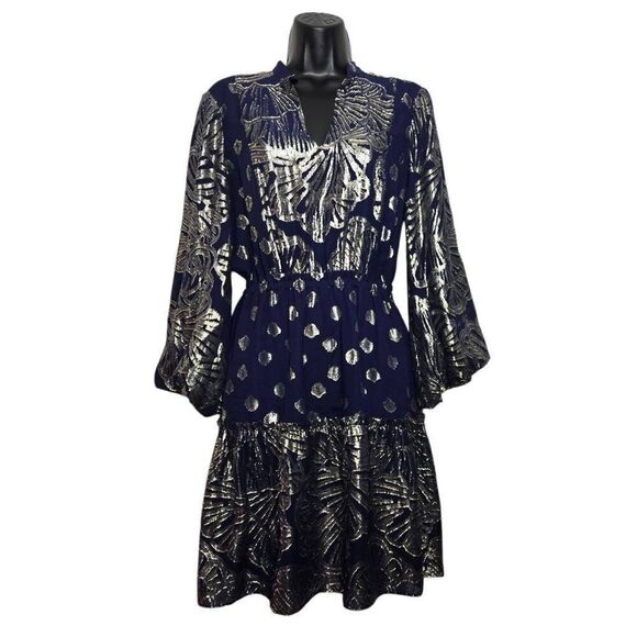 Lilly Pulitzer Joelle Silk Dress Navy Gold Metallic Clip Fit & Flare Size 2 - Picture 2 of 11